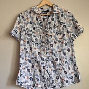 Karen Scott White and Blue Casual Button Down Shirt